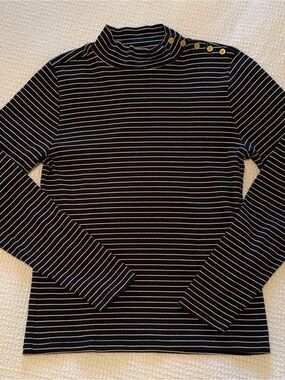 J. Crew | Navy and White Striped Mock Neck Top with Button Detail | Size = L
